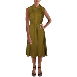 Nanette Lepore Dress Women Sz 10 Sleeveless Olive Color Pleated Front Belt Slip
